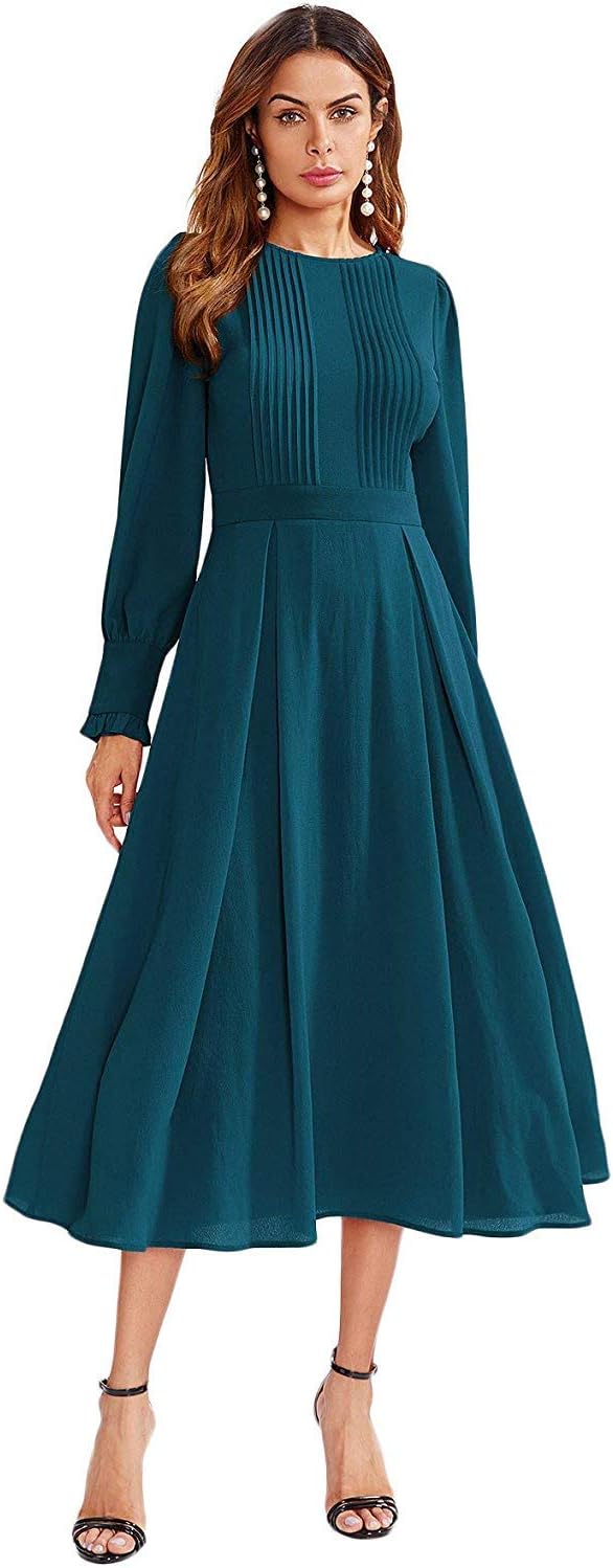 Aburnudrey Women's Elegant Frilled Long Sleeve Pleated Fit & Flare Dress