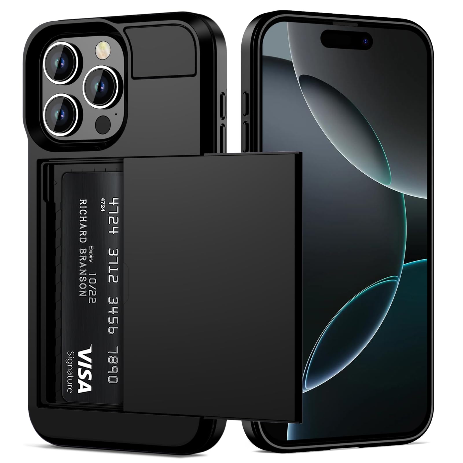 Photo 1 of Vofolen Compatible with iPhone 16 Pro Case with Card Holder Dual Layer Heavy Duty Drop Protection Hidden Sliding Card Slot Slim Wallet Phone Case for iPhone 16 Pro for Women Men, 6.3 Inch Black