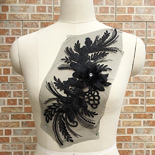 USJee Beautiful Black Embroidered Lace Patches Beaded Rhinestone Applique for Dress Bridal Veils Decor