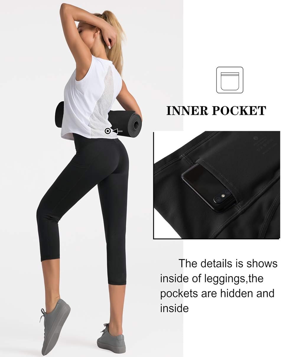 Dragon Fit High Waist Yoga Pants Capri with 3 Pockets,Tummy Control Workout Running Capri 4 Way Stretch Yoga Leggings: Clothing