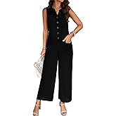 WKQSCNLR Women Wide Leg One Piece Jumpsuit Sleeveless Loose Baggy Dressy Button Down Romper Casual Summer Outfits with Pocket