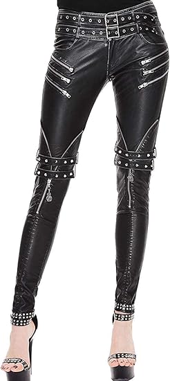Amazon 悪魔のファッション女性ゴシックパンクズボン黒スリムリベットズボンファッションカジュアルレザーパンツ ロングパンツ 通販