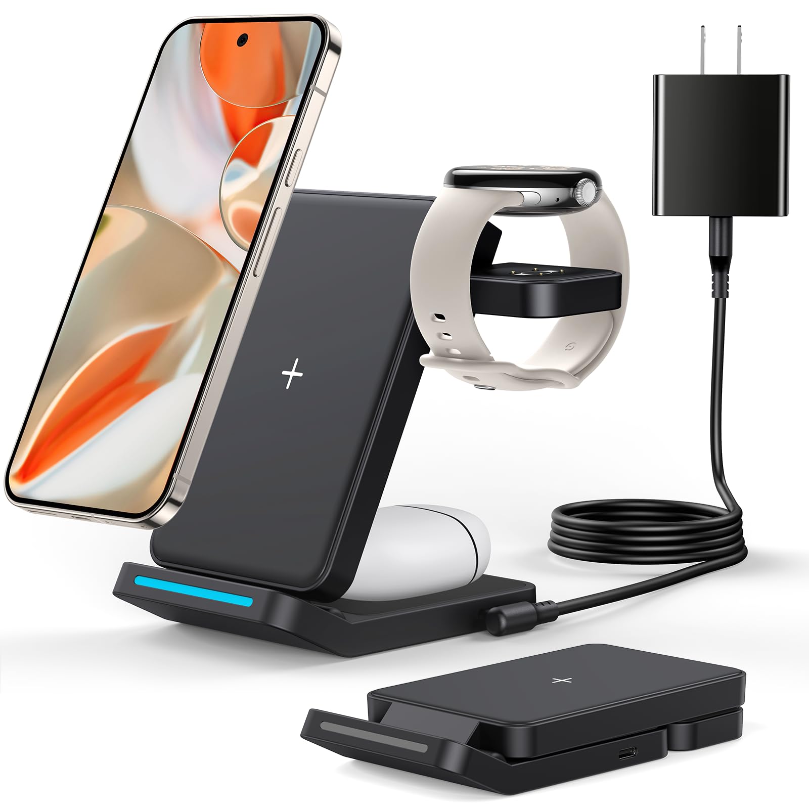 Photo 1 of Foldable Wireless Charger for Google Pixel Watch 3/2, 3 in 1 Fast Charging Station Stand for Pixel 10 Pro XL/10 Pro/9/8/7 Pro/8a/8/7/6 Pro and Buds (Not for Pixel Watch 4/1) with QC Adapter