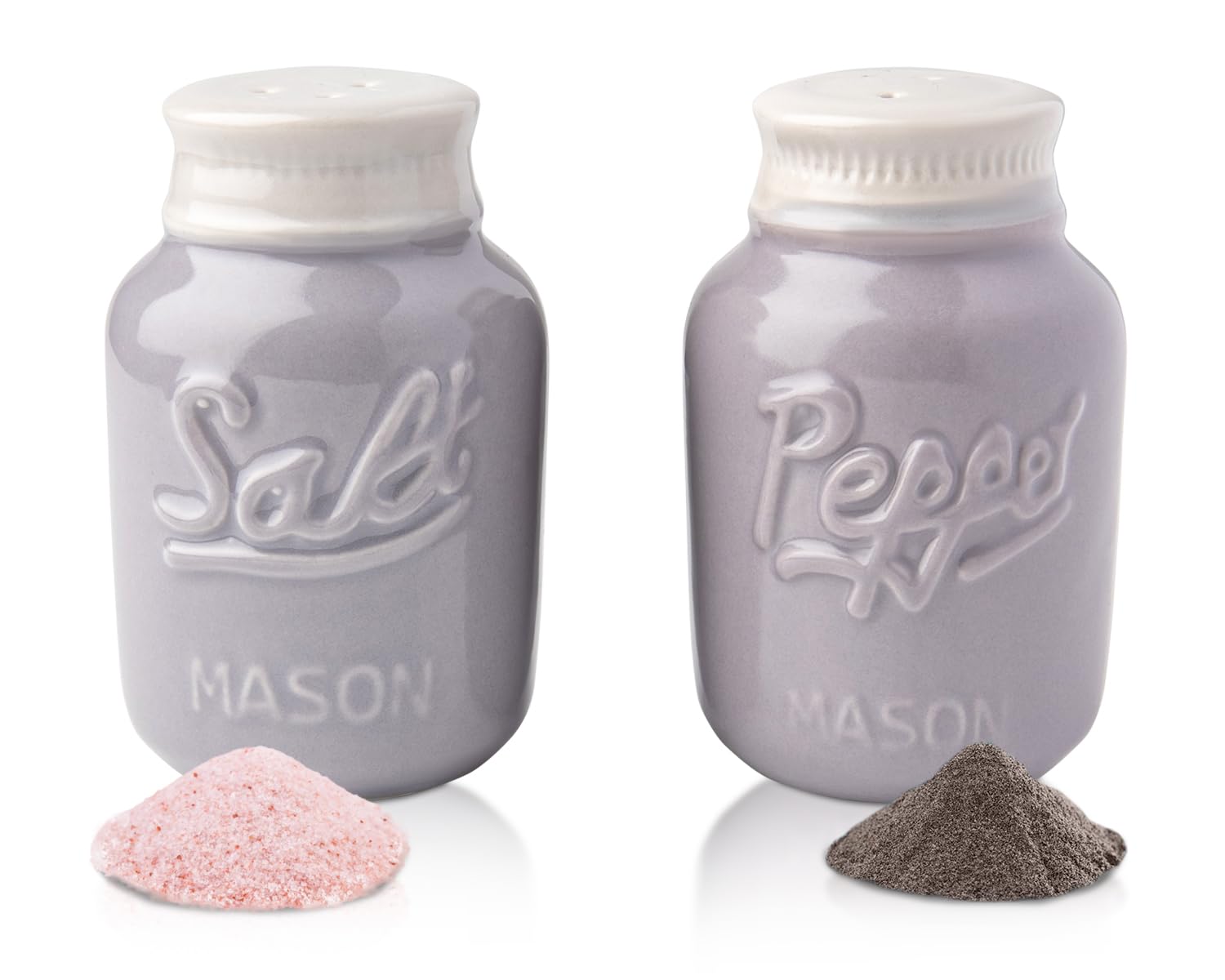 Vintage Mason Jar Salt & Pepper Shakers by Comfify - Adorable Decorative Mason Jar Decor for Vintage, Rustic, Shabby Chic - Sturdy Ceramic in Grey - 100 ml Cap.