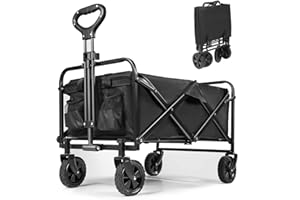 S2 Lifestyle Collapsible Folding Wagon Cart,Outdoor Beach Wagon,Heavy Duty Garden Cart with All Terrain Wheels,Portable Large Capacity Utility Wagon for Camping Fishing Sports Shopping, Black