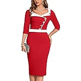 MUXXN Women's 1950s 3/4 Sleeve Pencil V Neck Midi Knee Length Bodycon Vintage Cocktail Dresses