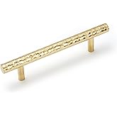 KOPPALIVE 6-Pack Solid Brass Kitchen Cabinet Pulls, Gold Modern T-Bar Handles, 4-Inch Hole Center Hammered Handles for Dresse
