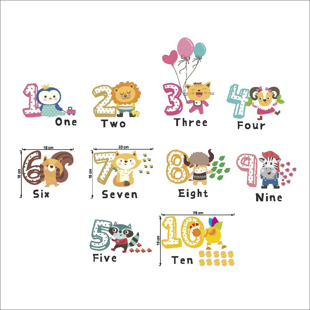 Wland DIY Cartoon Fun Educational Numbers Animals Learning Lions Goats Zebra Wall Decals Stickers Decorations for Girls Bedroom Nursery Bathroom Playroom