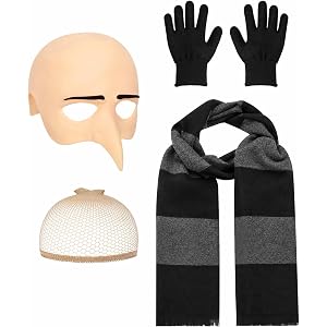 4Pcs Halloween Costume Accessories for Adult, 2026 Bald Caps, Black Gray Striped Scarf, Mesh Wig Cap, Black Gloves Halloween