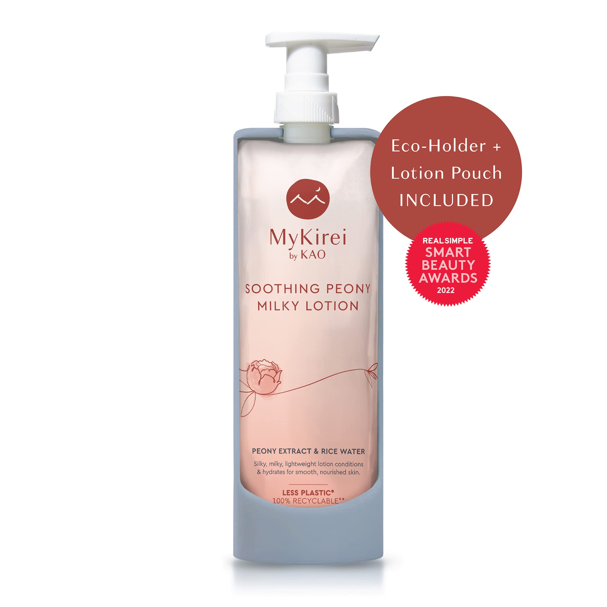 MyKirei by KAO Soothing Peony Milky Lotion, Peony Extract and Rice Water, Sustainable Bottle, with Reusable Decorative Lotion Dispenser 11.5 FL OZ