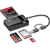 SD Card Reader, Memory Card Reader 4 in 1 USB C USB 3.0 Dual Connector Adapter Simultaneously Read SD MS CF TF Cards Supports Micro SD/Micro. Compatible with desktops, Tablets, and USB-C Smartphones