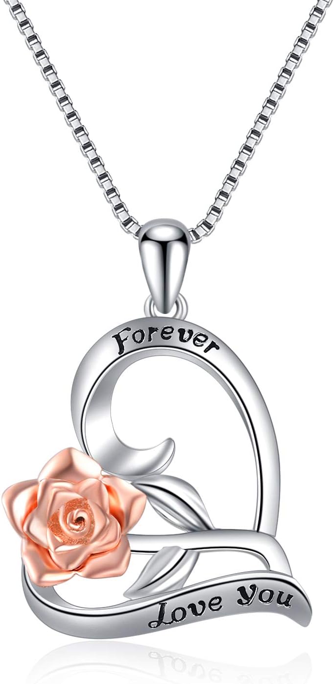 Sterling Silver Heart Rose Necklaces for Women,Engraved Love You Forever Pendant Necklace Chain Jewellery Gifts For Mum Daughter Women Girls
