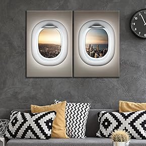 2 Panel Canvas Wall Art - White Plane Window Overlooking a City in The Sunset - Giclee Print Gallery Wrap Modern Home Art Ready to Hang - 16"x24" x 2 Panels