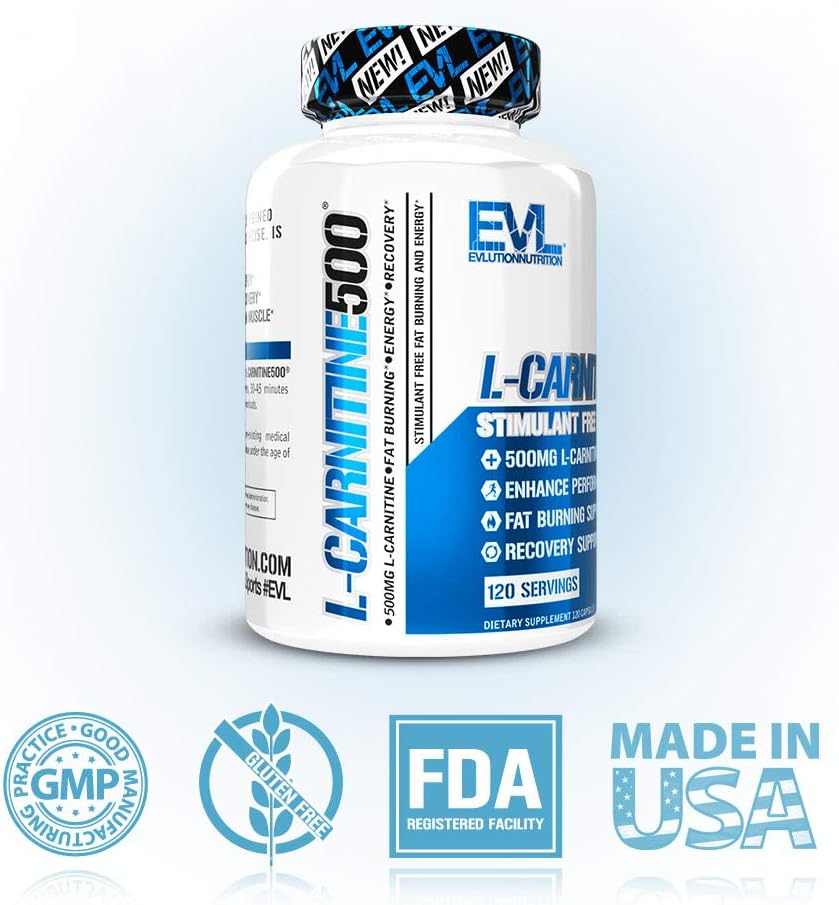 Evlution Nutrition L-Carnitine500, 500 mg of Pure L Carnitine in Each Serving, Stimulant-Free, Capsules (120 Servings): Health & Personal Care