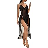 Foxiny Sexy Side Split Long Floral Lace Sheer Dress Lingerie Nightgowns One Piece