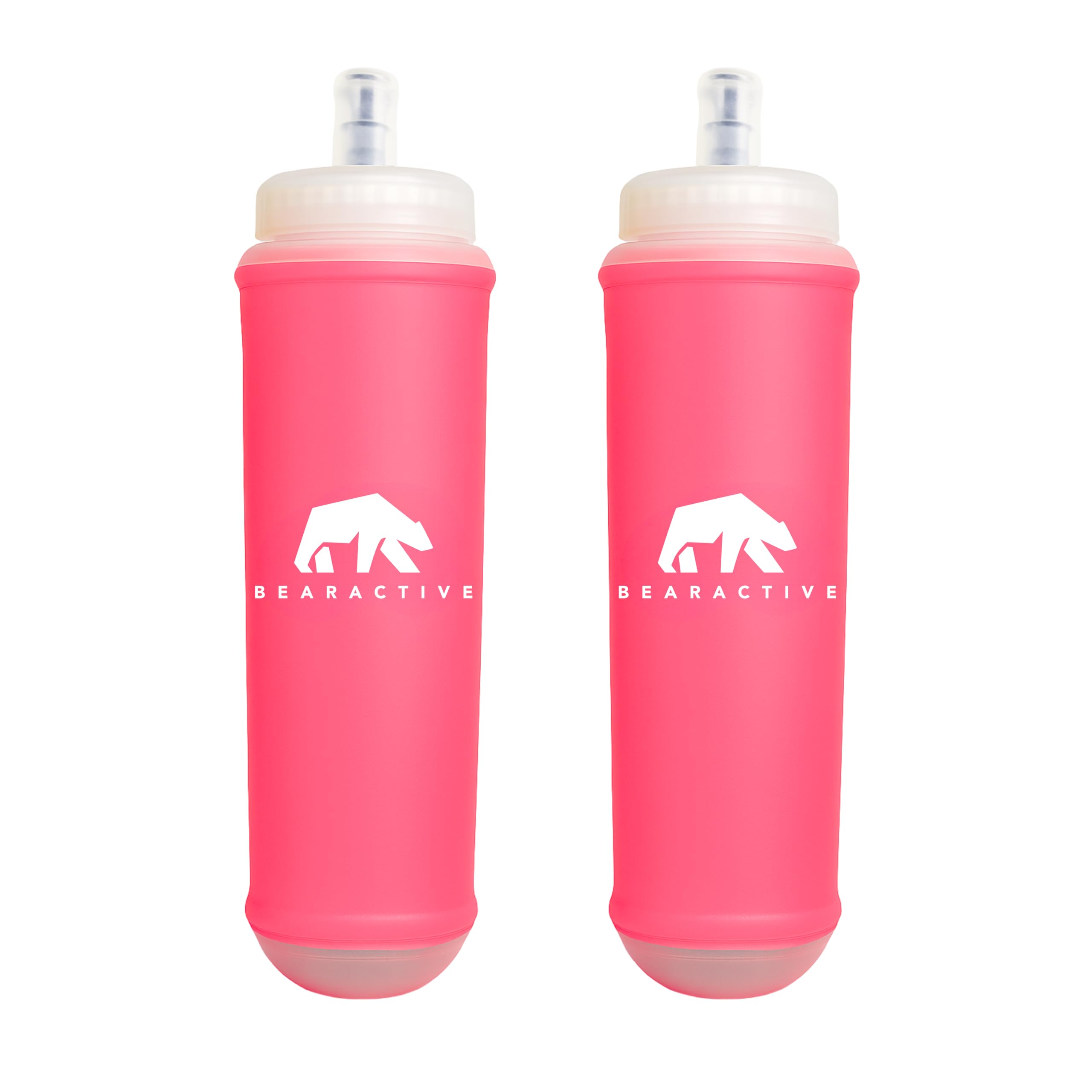Bearactive 2 x Lightweight Running Water Bottle Soft Flask 500ml - TPU BPA Free Plastic, Leak Proof Foldable Water Bottle, Collapsible Water Bottle for Running Vests and Belts (Pink, 2 Pack - 500ml)