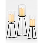 Sziqiqi Pillar Candle Holders Black: Set of 3 Metal Candleholder - Geometric Candle Stands with Hurricane Glass for Indoor Ou
