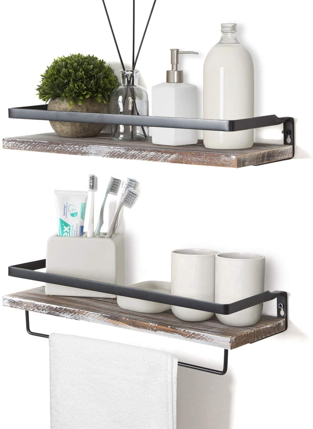 Lyihlou Wall Shelf Floating Wooden Wall Mounted Floating Shelves with Towel Rail Rustic Storage Shelves Ideal for Living Room Bedroom Hallway Bathroom 2 Pieces (Washed White)