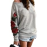 KIRJAUDU Womens Ripped One Shoulder Floral Embroidered Long Sleeve Top Sweatshirt