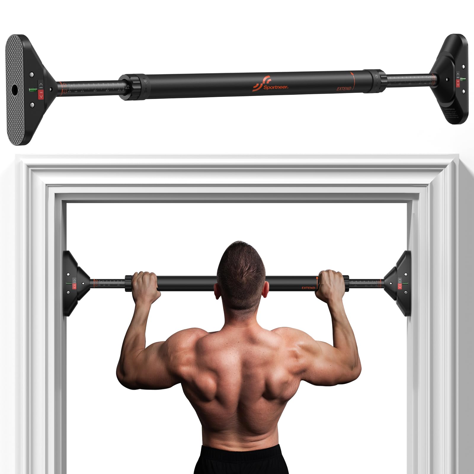 Sportneer Pull Up Bar Doorway Chin Up Bar No Screws Door Frame Chin Up Push Up Sit Up Bar Adjustable 75-94cm (29.5''-37'') Up to 200kg Capacity Workout Bar