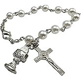 Westmon Works First Communion Glass Bead Rosary Bracelet with Metal Chalice and Cross Charm