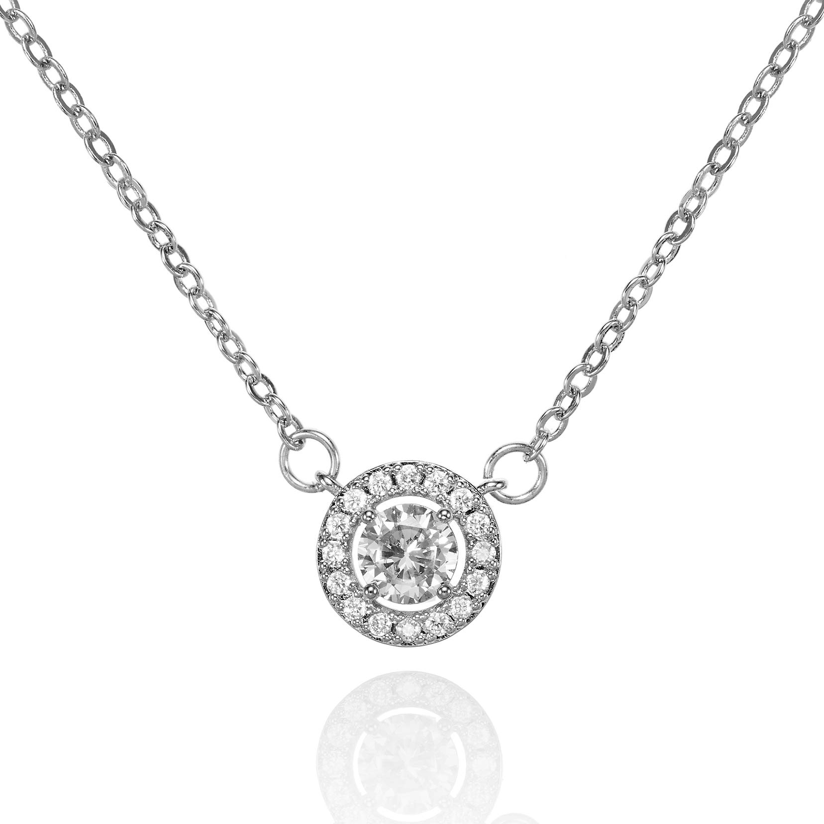 namana Silver Halo Necklace with a 6 mm Solitaire Centre Stone, Silver Necklaces for Women with Cubic Zirconia Stones, Silver Chain Necklace with a Halo Pendant, Jewellery Gifts for Women