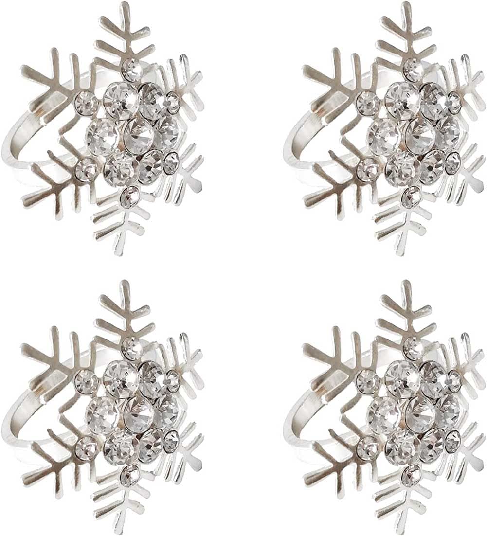 Christmas Napkin Ring Set 4Pcs Snowflake Napkin Holder Rings Silver Modern Household Napkin Rings Rhinestone Exquisite Napkins Rings for Wedding Banquet Christmas Party Dinner Table Decor(Snowflake) — image 1