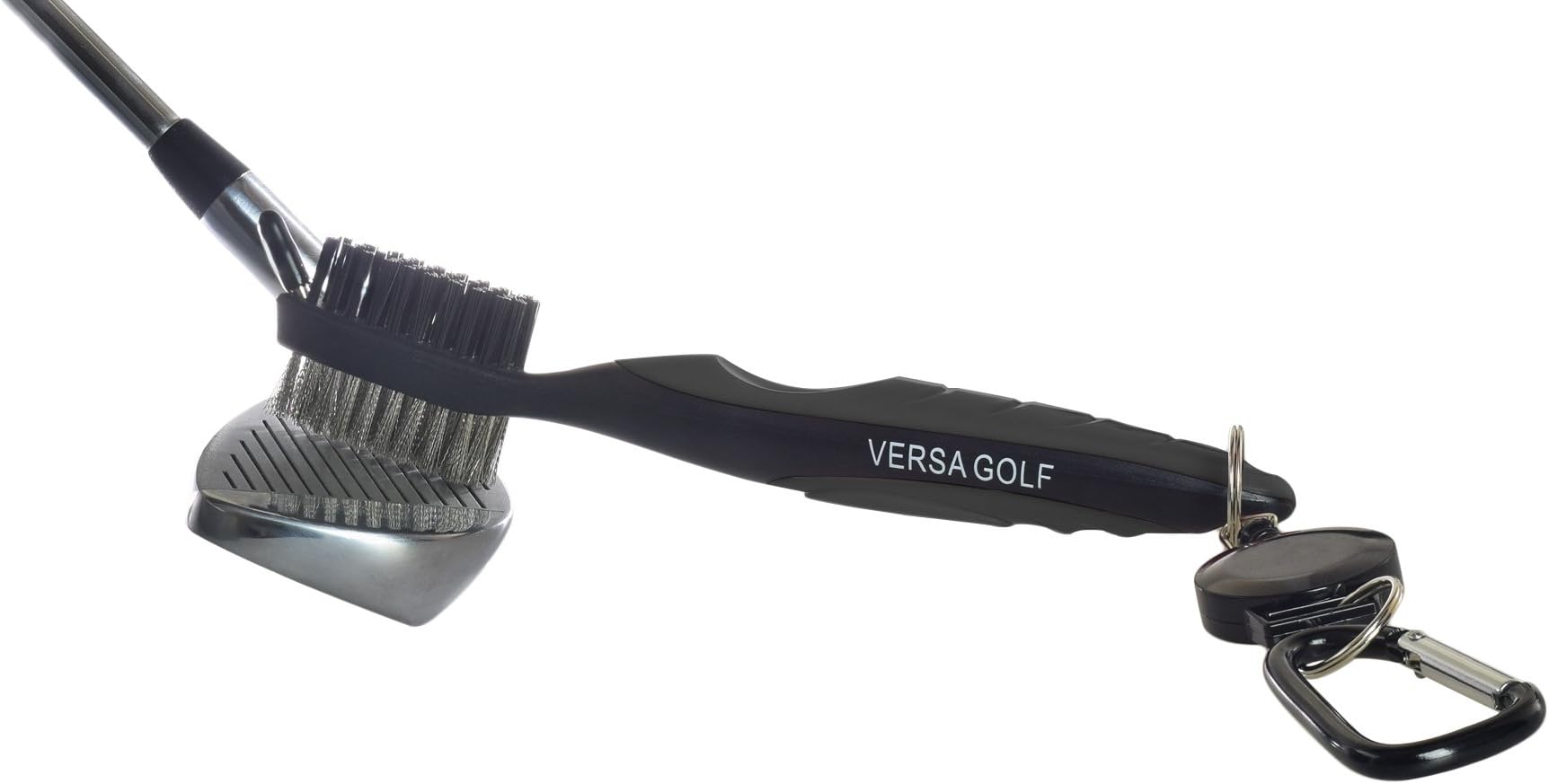 VersaGolf Golf Club Cleaning Brush - Metal and Nylon Bristles with Groove Tip - Retractable - Improves Backspin and Ball Control - Enjoy Cleaner Woods, Wedges and Irons - Gray Black