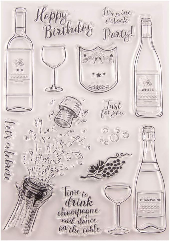 sayletre Clear Silicone Stamp Sheet Printing Scrapbooking Embossing Stamper Transparent Cling Seal for DIY Scrapbook Photo Albums Paper Notebook Card Making Arts Crafts Supplies Happy Birthday & Wine