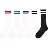 JoJoManly Chunky Ribbed Cotton Striped Socks Retro Double Stripes Scrunch Crew Socks, 5 Pairs with Present Box