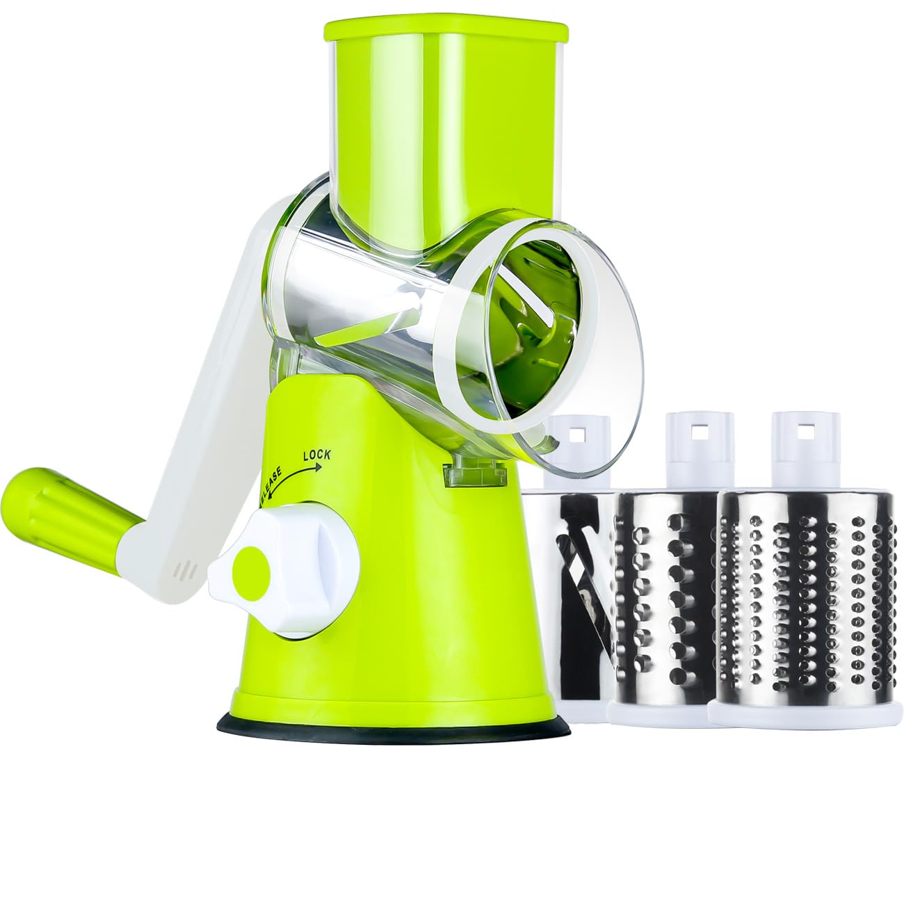 Ourokhome Rotary Cheese Grater Slicer- Vegetable Mandoline Slicer with 3 Interchangeable Ultra Sharp Cylinders Stainless Steel Blades（Green）