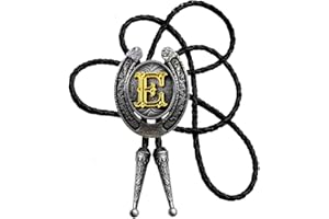 Moranse Bolo Tie Golden Initial Letter A to Z In Western Cowboy Horseshoe Style with Cowhide Rope Necktie