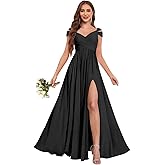 Syjjk Off The Shoulder Pleated Bridesmaid Dresses Long with Slit Chiffon Formal Evening Dress for Women