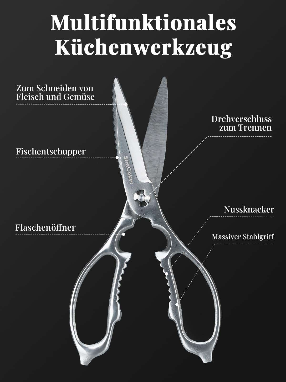 Küchenschere Edelstahl, zerlegbar, spülmaschinengeeignet, Küchenschere für Fleisch, Fisch und Gemüse, robuste Küchenschere 5