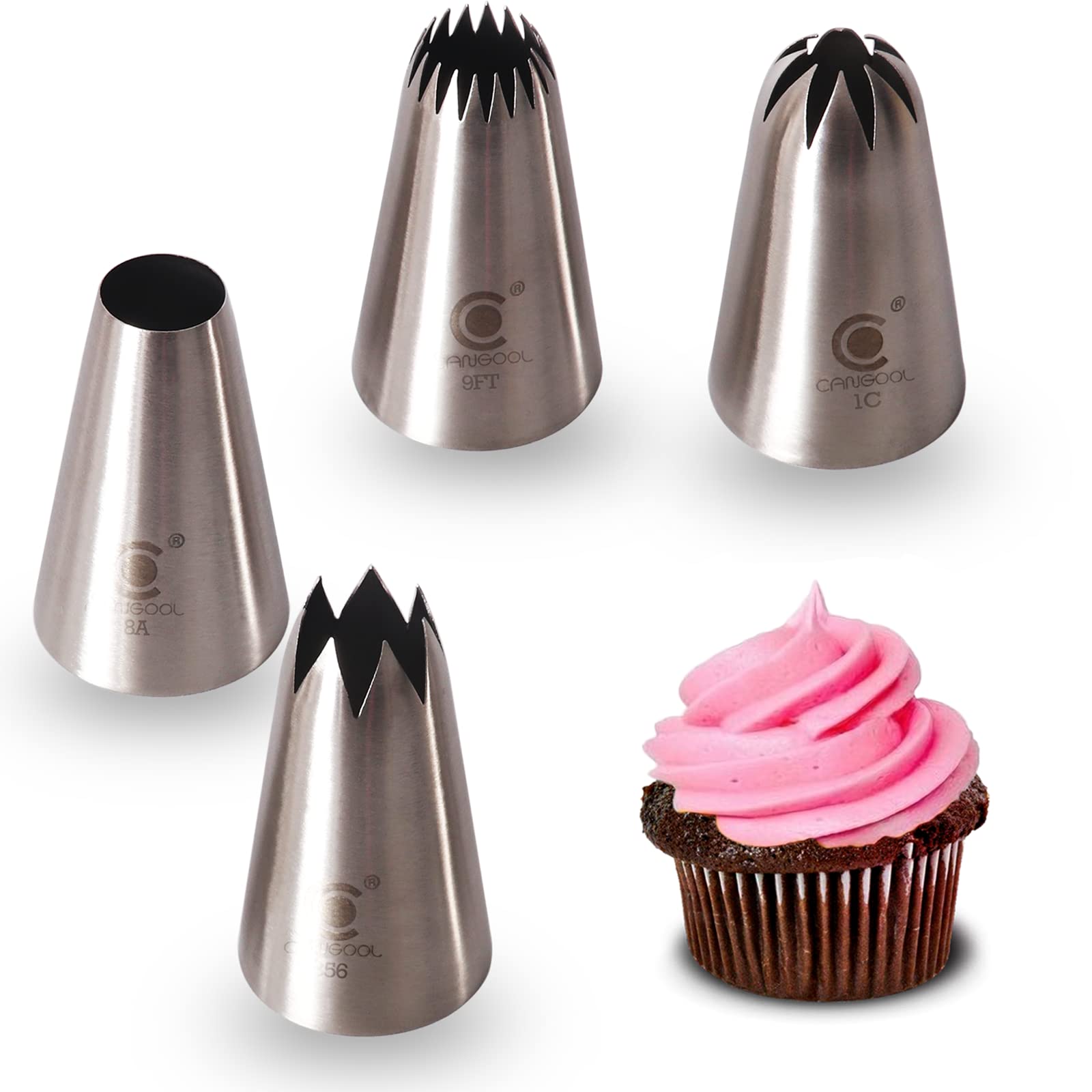 Cangool 4 Professional Piping Tips Extra Large (XL) (8A, 356, 1C and 9FT) for Decorating Cakes, Cupcakes, Churros, Tarts and Biscuits - Nozzles Compatible with Piping Bags