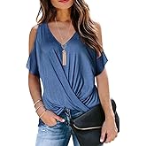 LEIYEE Womens Summer Cold Shoulder Tops Short Sleeve Front Twist Knot V Neck T Shirts Draped Blouses