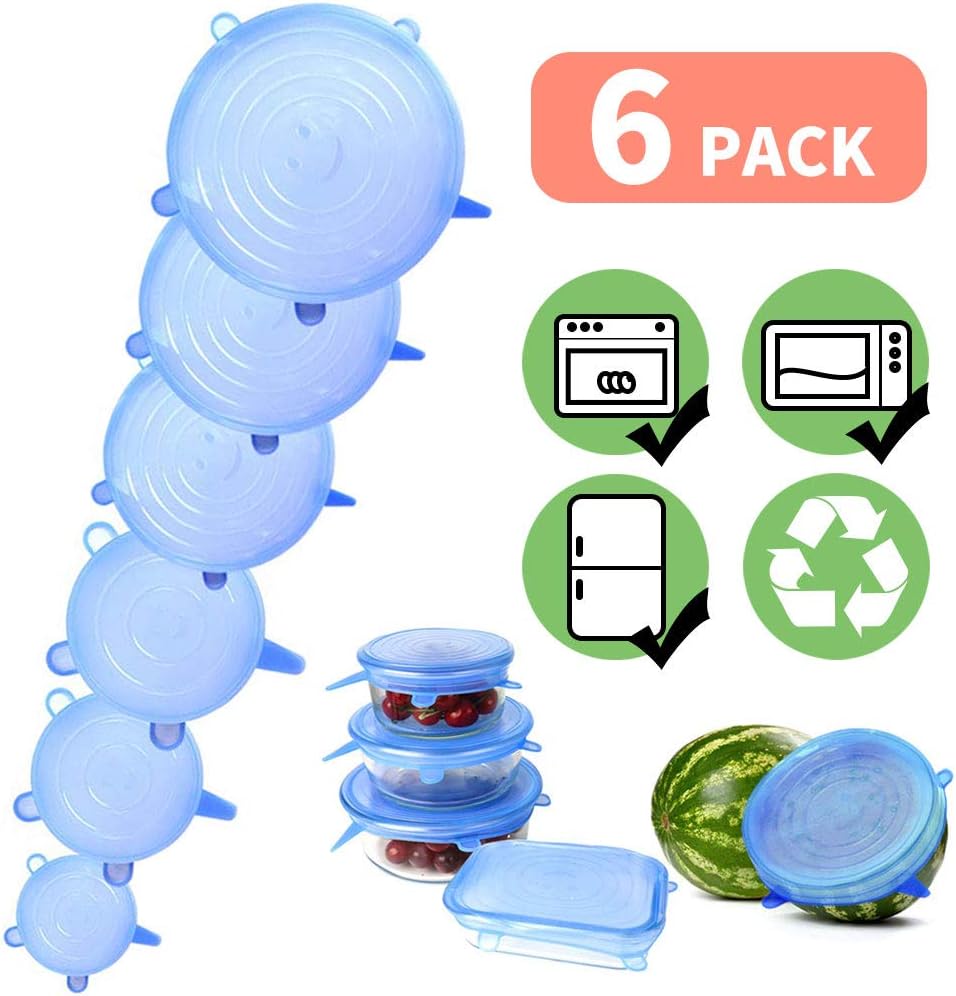 6 Pack Silicone Stretchy Lids in Various Sizes - Food Saver Bowl Covers, Lid Replacement - BPA Free, Reusable, Improved Grip Sealer - Dishwasher, Microwave and Freezer Safe - Blue
