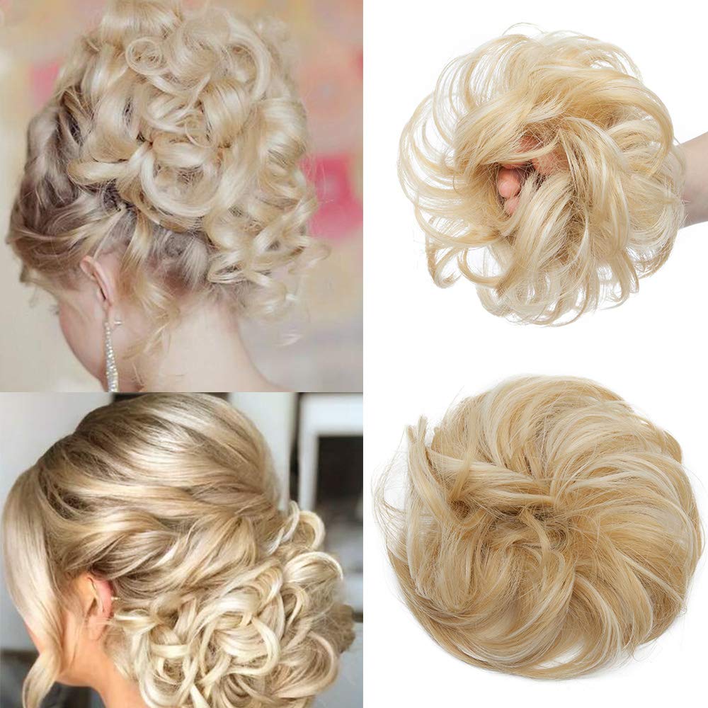 Silk-co Updo Ponytail Extensions [Golden & Bleach Blond] Messy Scrunchies Bun Extensions Curly Wavy Hairpieces for Women Hair Accessories