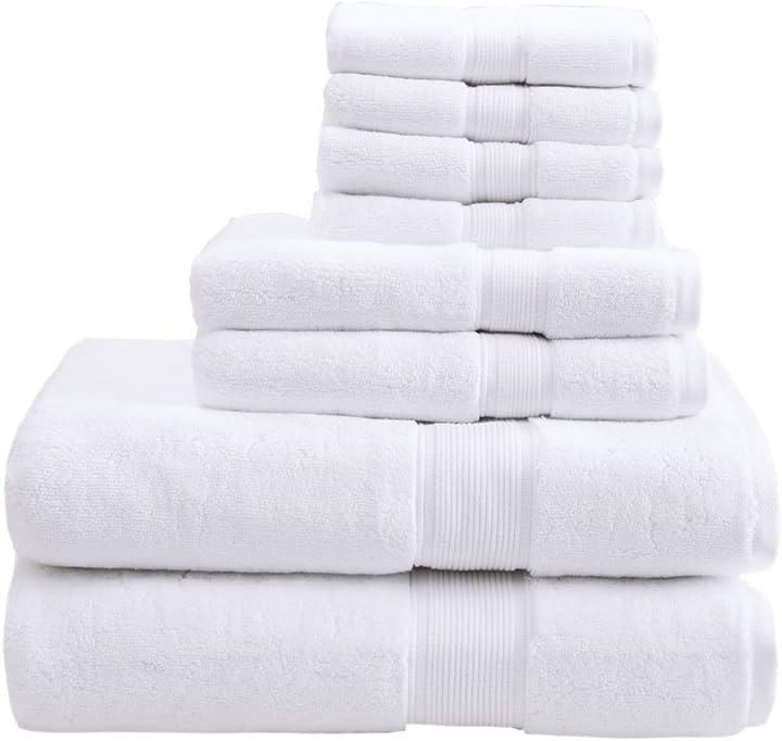 MADISON PARK SIGNATURE 800GSM 8 Piece 100% Cotton Towel Set for Bathroom, 2 Bath Towels, 2 Hand Towels, 4 Washcloths, Premium Long Staple Pile, Spa Luxurious Design, White