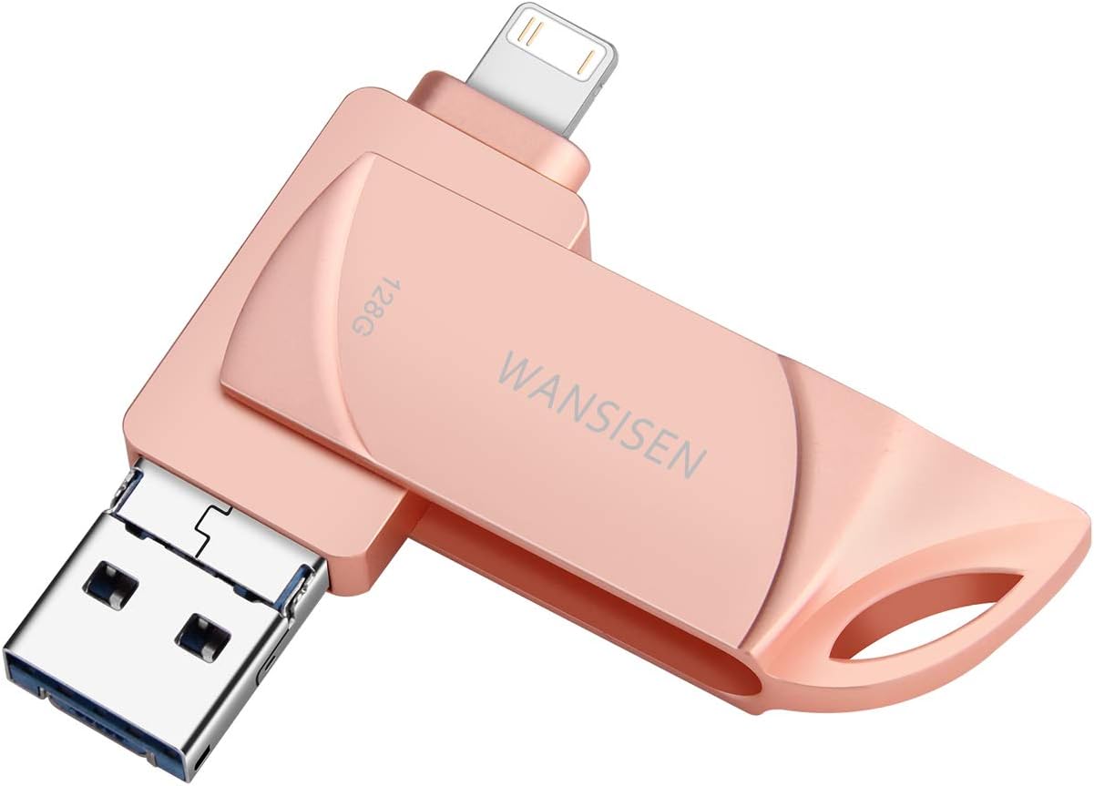 USB Flash Drive 128GB Thumb Drives for Phone Photo Stick Flash Drive 128G 3in1 Memory Stick WANSISEN Compatible PhoneX/Pad/Pod/MacBook/Android/PC/iOS/USB C (Pink-DK128G)