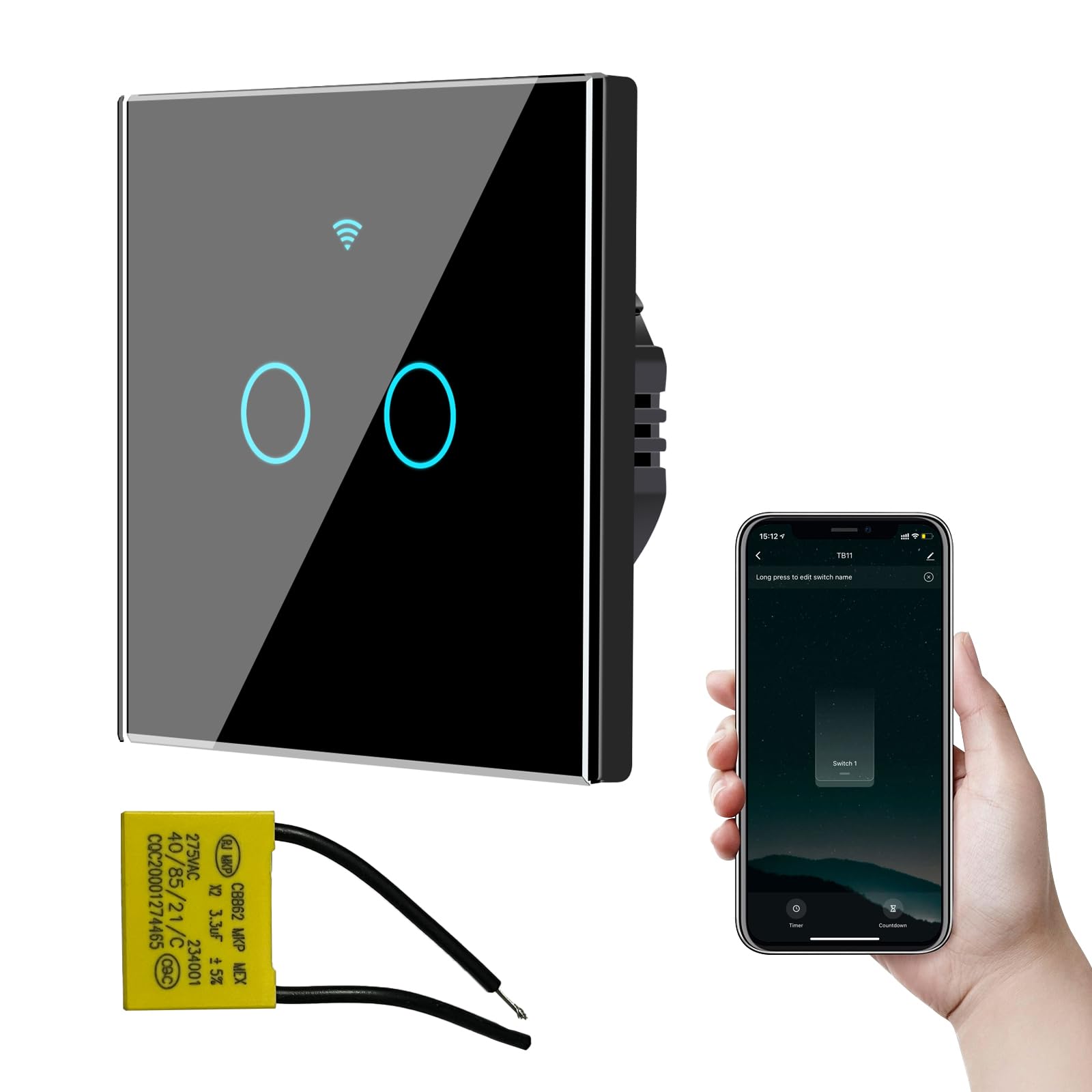 Bkiyougo Touch Light Switch, Wi-Fi Black Double Light Switch with Remote Control Functions, Tempered Glass Panel with LED Backlight, 2-Gang 1-Way