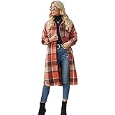 PUWEI Women's Casual Lapel Button Down Long Plaid Shirt Coat Tartan Shacket Jacket