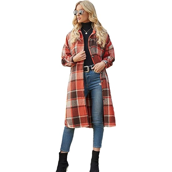 Ainangua Women's Casual Wool Blend Long Plaid Shirt Jacket Button