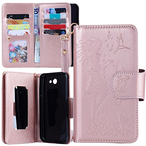 Galaxy J7 V Case, Galaxy J7 Perx Case, Linkertech [9 Card Slots] PU Leather Wallet Flip Pouch Case Cover with Wrist Strap &amp; Makeup Mirror for Samsung Galaxy J7 2017 / Galaxy J7 Sky Pro / Galaxy HALO