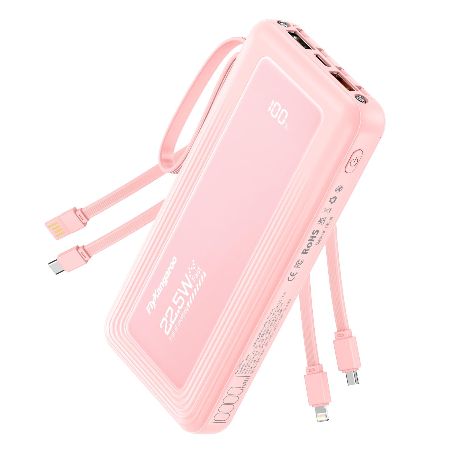FlyKangaroo Portable Charger with Built in Cables, Slim 10000mAh Fast Charging 22.5W Power Bank USB C LED Display Battery Pack 6 Outputs & 2 Inputs for iPhone Samsung Pixel LG Moto iPad