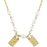 Needzo Gold Tone Scapular Necklace with White Beads, Religious Devotional Fashion Jewelry, Catholic Confirmation Sponsor Gifts, 16 Inches