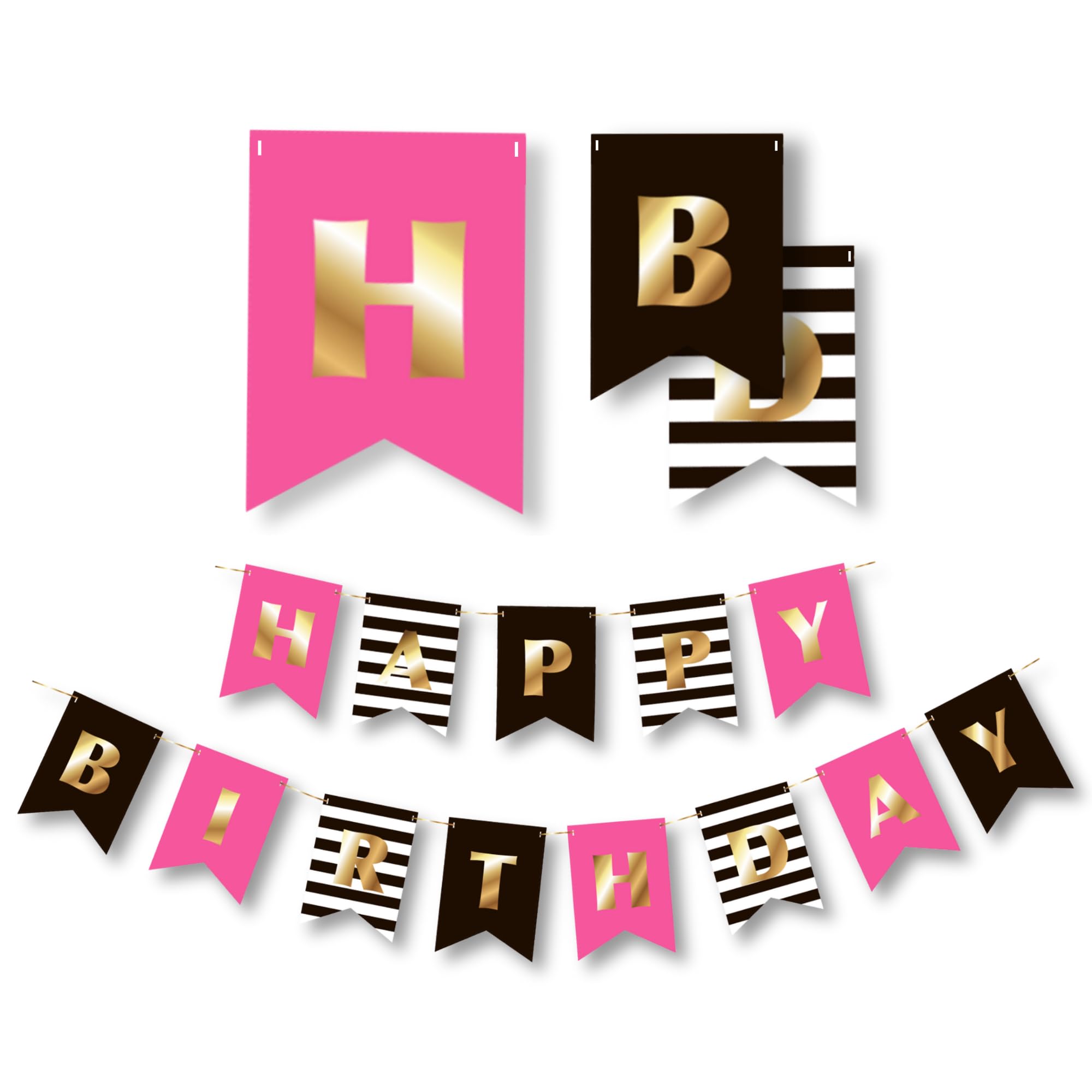 RainMeadow Premium Happy Birthday Banner Bunting Garland | Gold Pink Black White | Party Decorations | Chic | First 10th 18th 21st 30th 40th 50th 60th etc | for Girls Women