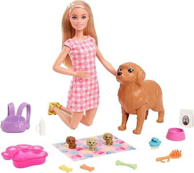 Barbie Doll & Pets Set Mommy Dog Puppies Newborn Pups Playset