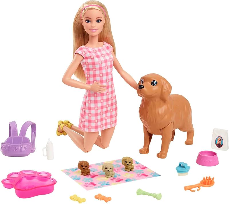 Barbie Doll & Pets Set Mommy Dog Puppies Newborn Pups Playset