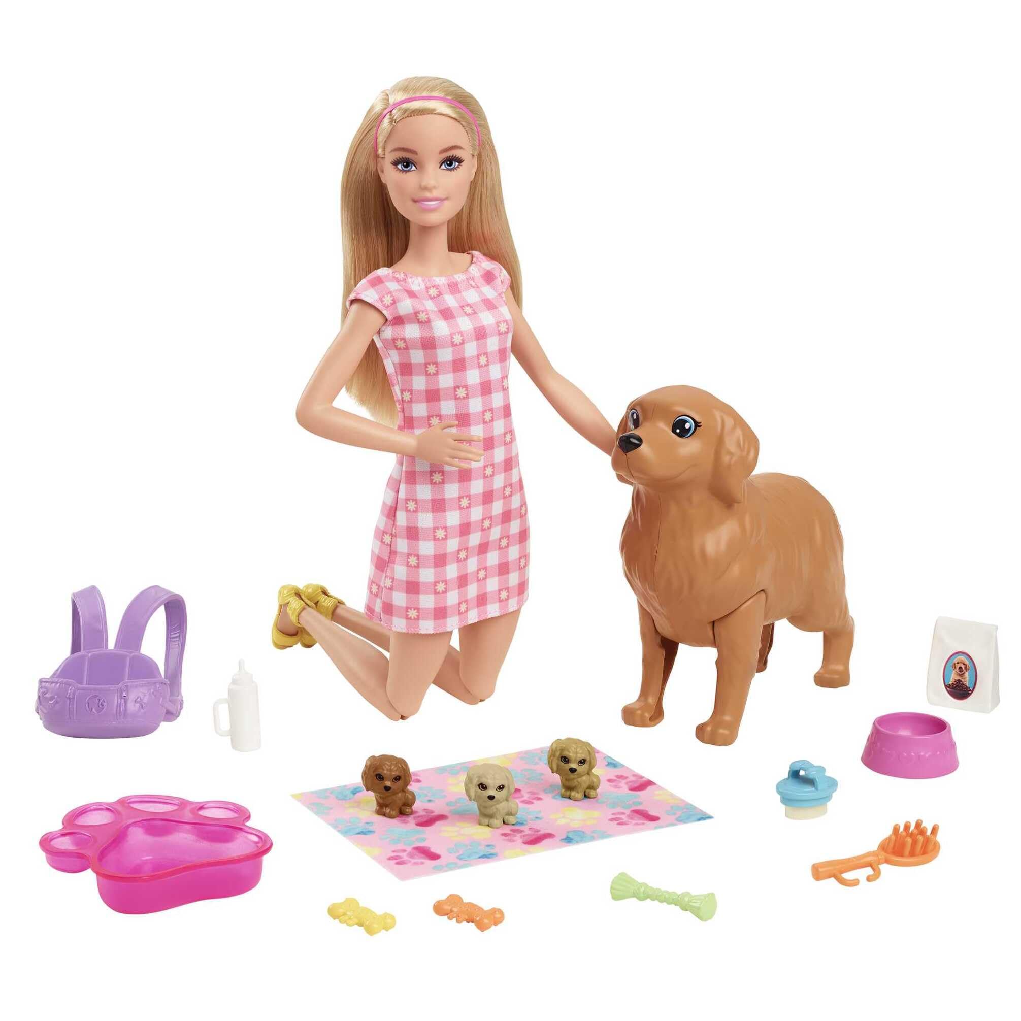 Barbie Doll and Pets Playset, Blonde Doll with Mommy Dog and 3 Puppies, Colour Changing Features Pet Accessories, Toys for Ages 3 and Up, One Doll with Dogs, HCK75